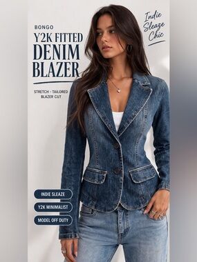 Y2K Fitted Denim Blazer Stretch Jean Jacket Indie Sleaze Chic M/L